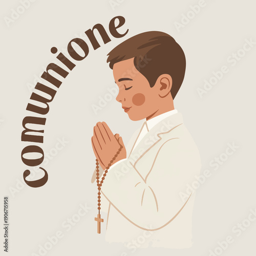 A young boy is praying with rosary beads and a cross pendant, religious