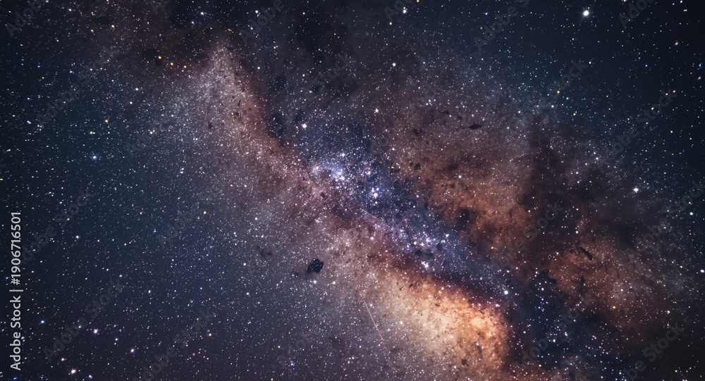 Obraz premium Enhanced close up of the Milky Way galaxy with glowing stars and drifting dust depicted in a 3D cartoon rendering with grain texture due to long exposure