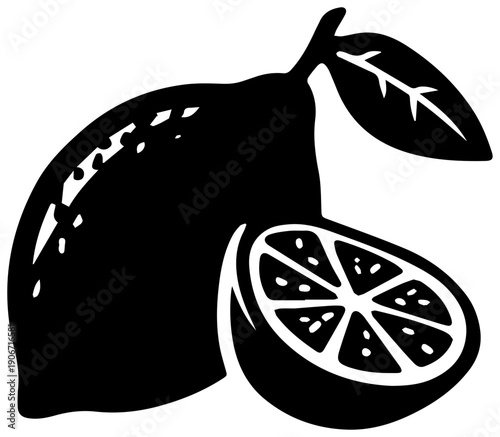 Black silhouette of a sour lemon fruit and half cut lemon isolated on white background with leaf