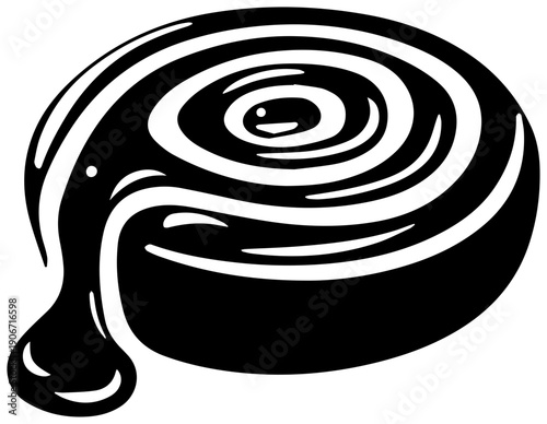 Black filled icon of a spiral cinnamon roll with icing drizzle on white background