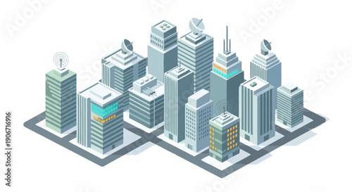 Isometric cityscape with modern skyscrapers and urban landscape.