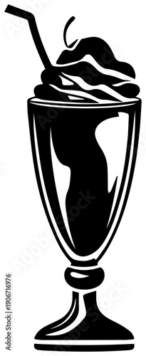 Black silhouette of a refreshing ice cream float in a tall glass goblet with whipped cream and straw perfect for summer treats and dessert menus