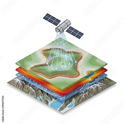 Satellite technology capturing and layering comprehensive geographic data for advanced spatial analysis and digital mapping, showcasing modern remote sensing capabilities