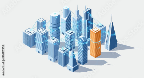 Isometric cityscape with modern skyscrapers and urban buildings.