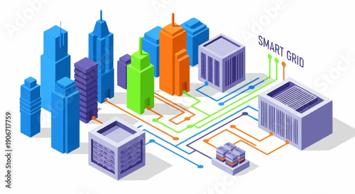 Futuristic Cityscape with Smart Grid Infrastructure and Buildings.