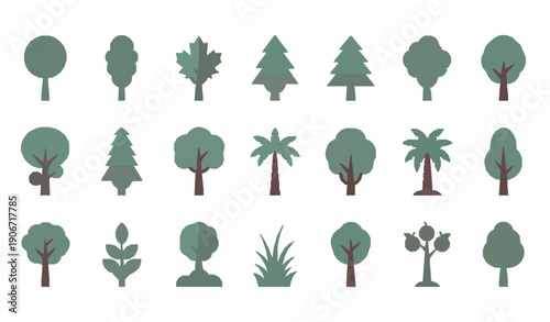 Minimal Flat Tree Icon Set Vector with Botanical Plant Symbols for Landscape Design and Map Graphics
