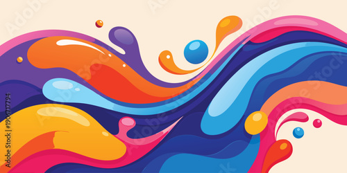 A vibrant abstract background featuring dynamic, swirling waves of multi-colored liquid splashes and droplets.
