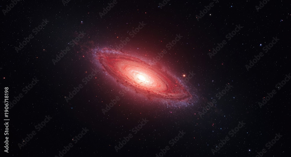 Fototapeta premium Bright red galaxy emitting light in expansive space environment