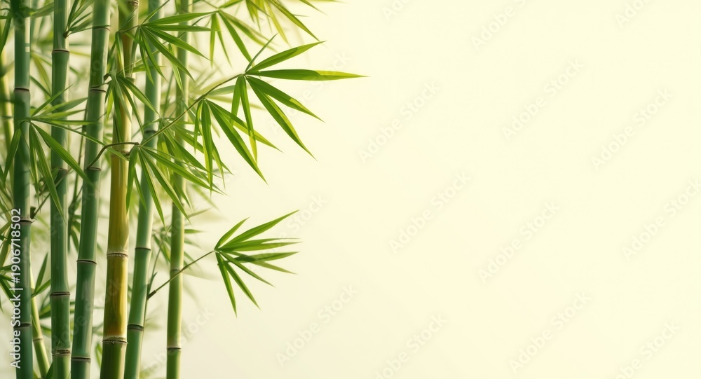 Fototapeta premium Bright background showcasing healthy bamboo stalks and green leaves with ample copy space