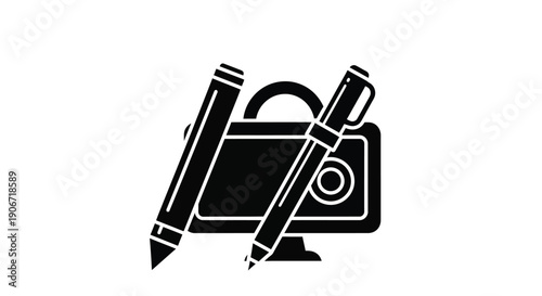 Black silhouette of a computer monitor with pen and stylus icons
