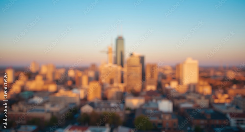 Fototapeta premium Golden hour cityscape featuring warm bokeh effect and copy space