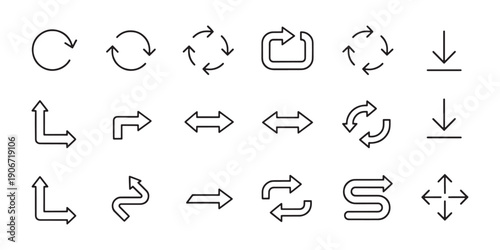 Vector set of minimalist outline arrow icons, collection of linear direction pointers and navigation symbols for web and mobile app UI design.