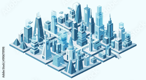 Isometric cityscape with modern skyscrapers and urban landscape.