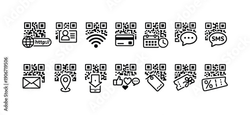 Collection of QR code icons representing various digital interactions and services