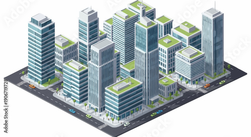 Isometric cityscape with modern skyscrapers and green roofs.