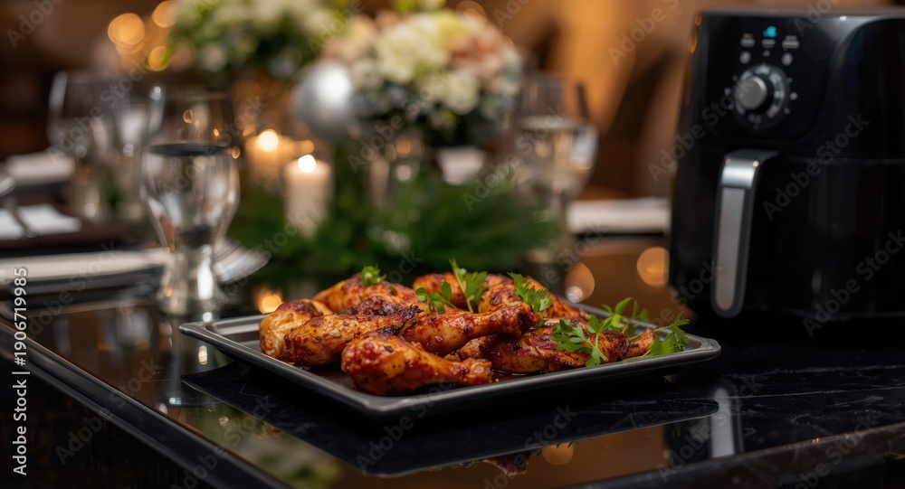 Obraz premium Happy relatives tasting marinated chicken cooked in air fryer on a sleek black table at holiday event