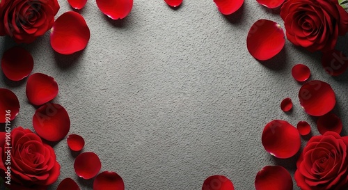 Romantic Red Rose Petals Border on Textured Grey Concrete Background
