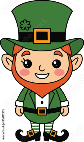 Full Body Kawaii Leprechaun Character with Green Suit Orange Beard and Buckle Hat for St. Patrick's Day Mascot