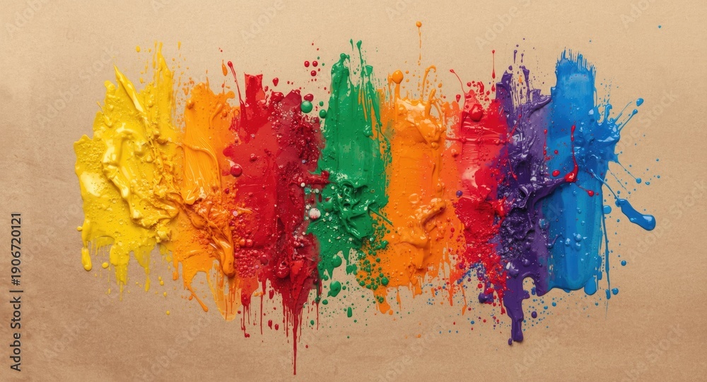 Fototapeta premium energetic colorful paint splashes paired with vigorous brush strokes on neutral toned paper