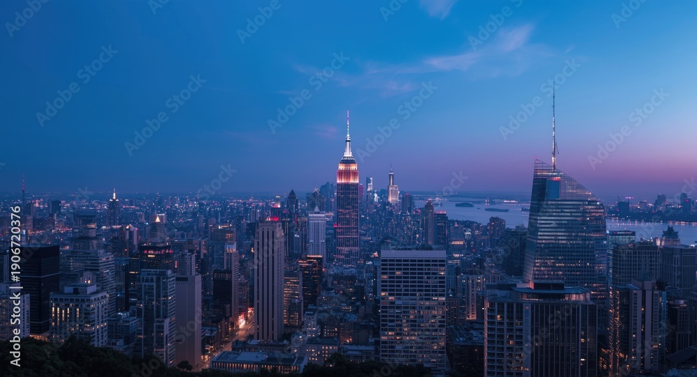 Fototapeta premium Digital AI created city view featuring a dusk skyline with illuminated structures and soft sky