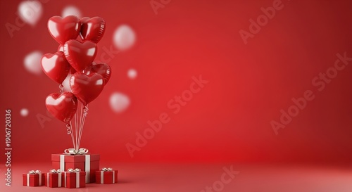 Romantic Red Heart Balloons with Elegant Gift Boxes on Festive Bokeh Background