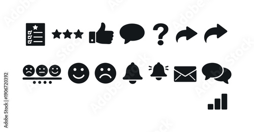 Collection of black icons representing feedback, communication, and actions on a white background