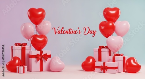 Romantic 3D Valentine's Day Composition with Pink Gift Boxes and Heart Balloons on Pastel Background