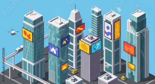 Isometric cityscape with modern skyscrapers and corporate logos.