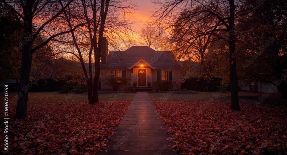 Naklejka premium Front walkway of residence with glowing autumn sky colors