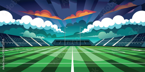 A dramatic illustration of an empty sports stadium at night with bright lights and a vibrant, cloudy sky.
