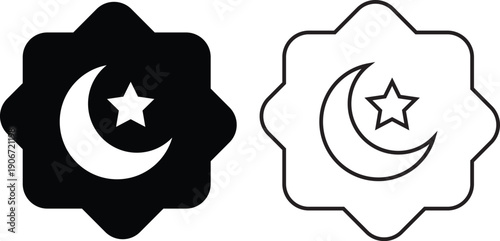 Ramadan crescent moon icon set in flat and outline style with hanging stars, Islamic night symbol collection and group, black monochrome vector illustration isolated on transparent background