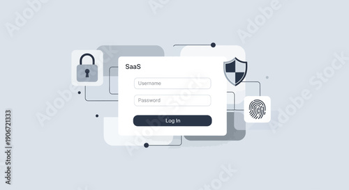Secure SaaS login interface with data protection and cybersecurity elements.
