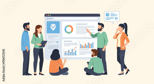 Team of diverse professionals collaborating on data analysis and presentation.