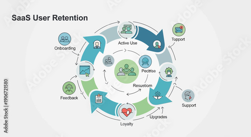 Illustration of SaaS user retention cycle with key stages and elements.