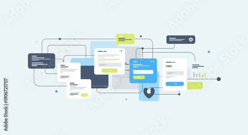 Illustration of a digital chatbot interface with multiple message bubbles and user interaction elements.
