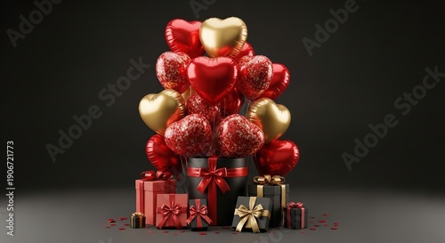 Elegant Valentine’s Day Celebration with Heart Balloons and Luxury Gift Boxes on Dark Background