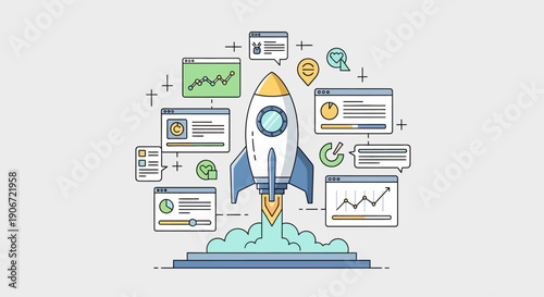 Illustration of a rocket launching surrounded by business and technology icons.