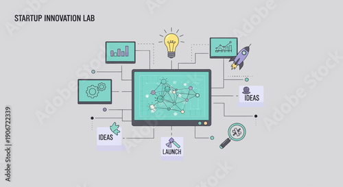 Startup innovation lab concept with technology and business icons.