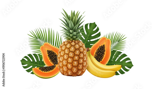 Tropical fruit arrangement vector illustration with pineapples, papayas, and bananas