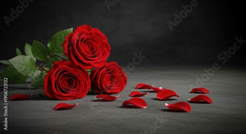 Three Elegant Red Roses with Scattered Petals on Dark Background for Valentine's Day