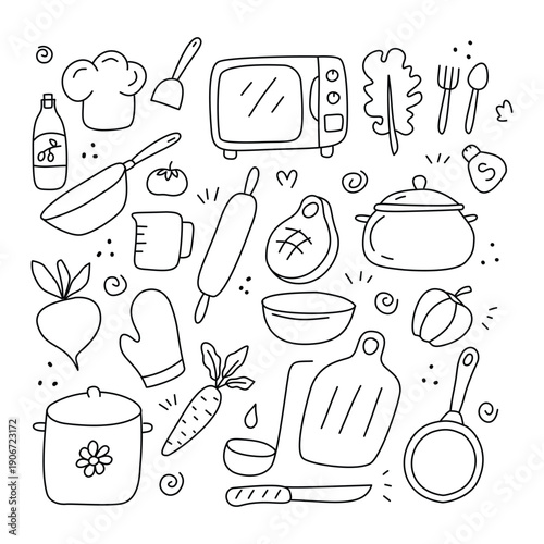 Cooking set in doodle style, vector, on white background