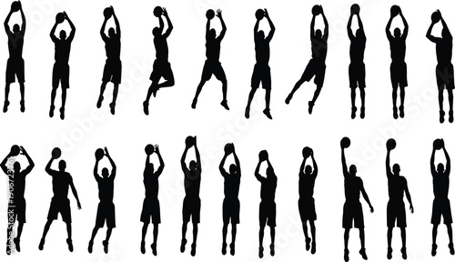 Black basketball player silhouette illustrations, dynamic jump shot vector artwork, sports athlete design collection, athletic movement motif, competitive game drawing set
