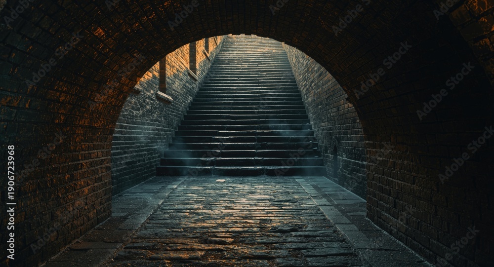 Fototapeta premium Brick arch tunnel with stone floor leading to stone staircase in dark medieval dungeon