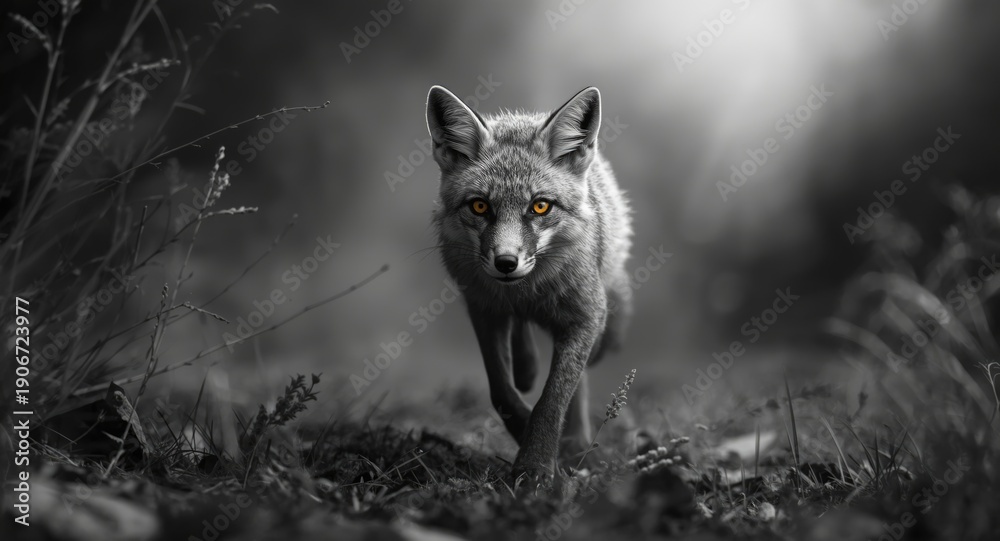 Naklejka premium Agile gray fox bounding energetically through a monochrome backdrop