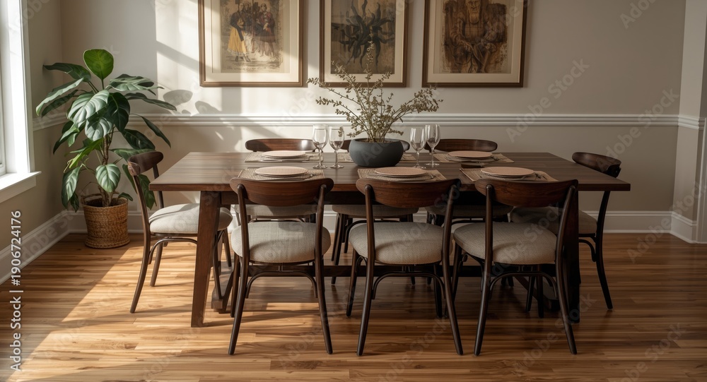 Obraz premium Cozy dining room setup including a long wooden table, chair set, framed artwork on the wall, and a healthy potted plant on warm hardwood floors