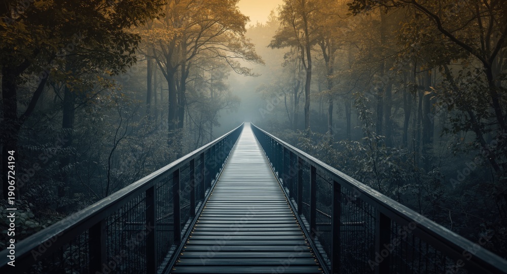 Fototapeta premium Dramatic long footbridge scene in forest with copy space area