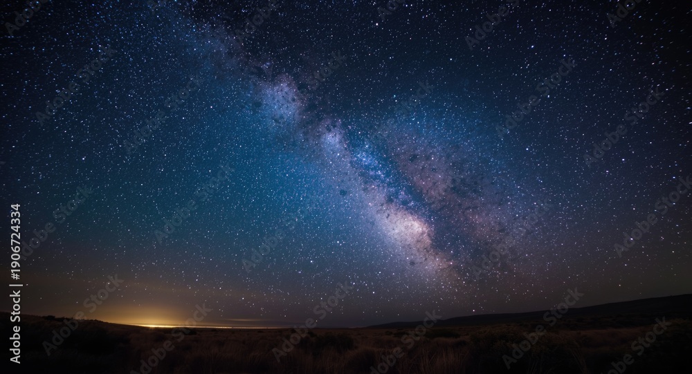Fototapeta premium Dazzling celestial panorama with the Milky Way and stars over a quiet far away scenic area with low light impact