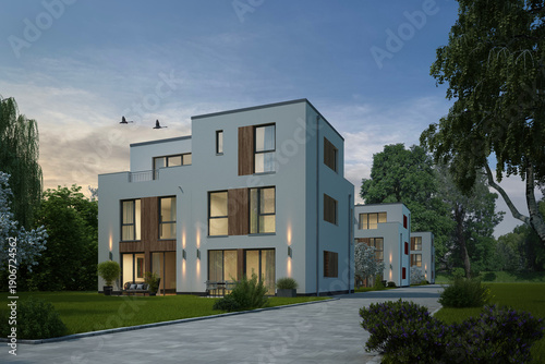 Moderne Doppelhäuser am Abend