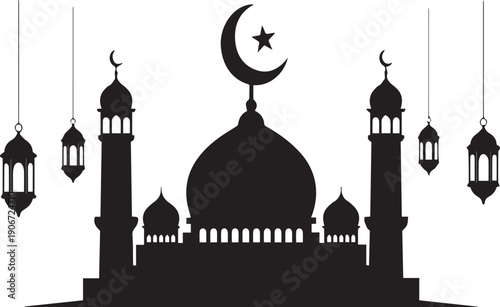 Mosque Silhouette with Crescent Moon Symbol.