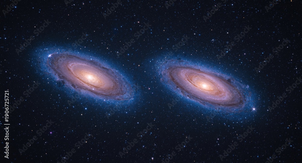 Fototapeta premium Full length sight of two spiral galaxies in a vast glittering star field